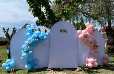 Decoración con globos rosados para revelación de niña